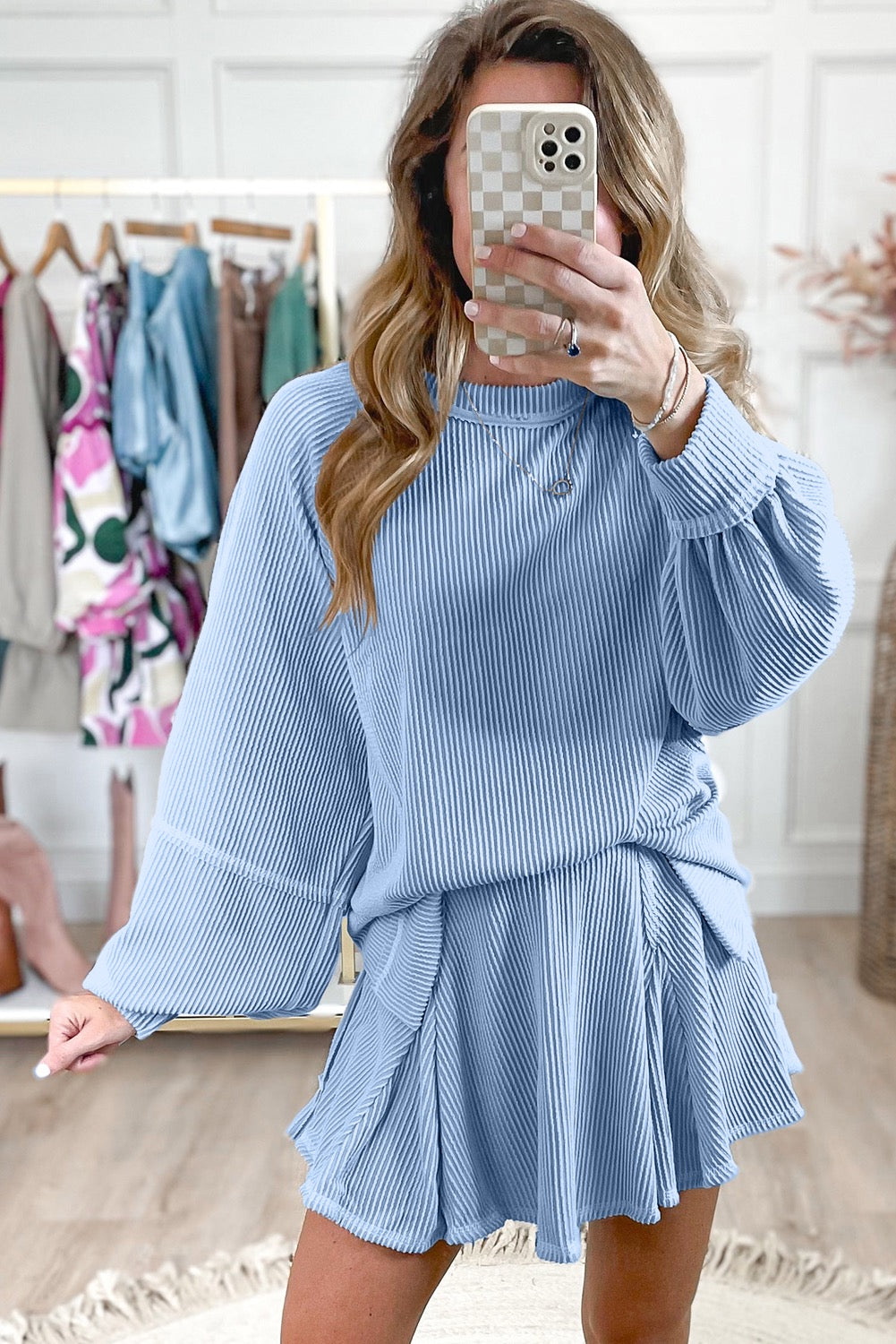 Ribbed Lantern Sleeve High Waist Mini Skort Set