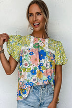 Load image into Gallery viewer, Floral Bubble Sleeve Patchwork Blouse
