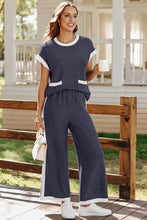 Load image into Gallery viewer, Navy Blue Color Block Pocketed T and Wide Leg Pant Set
