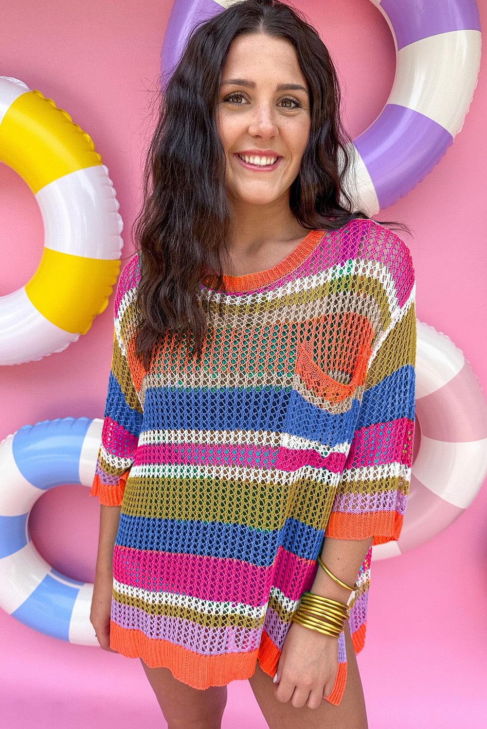 Striped Colorblock Hollowed Crochet Sweater