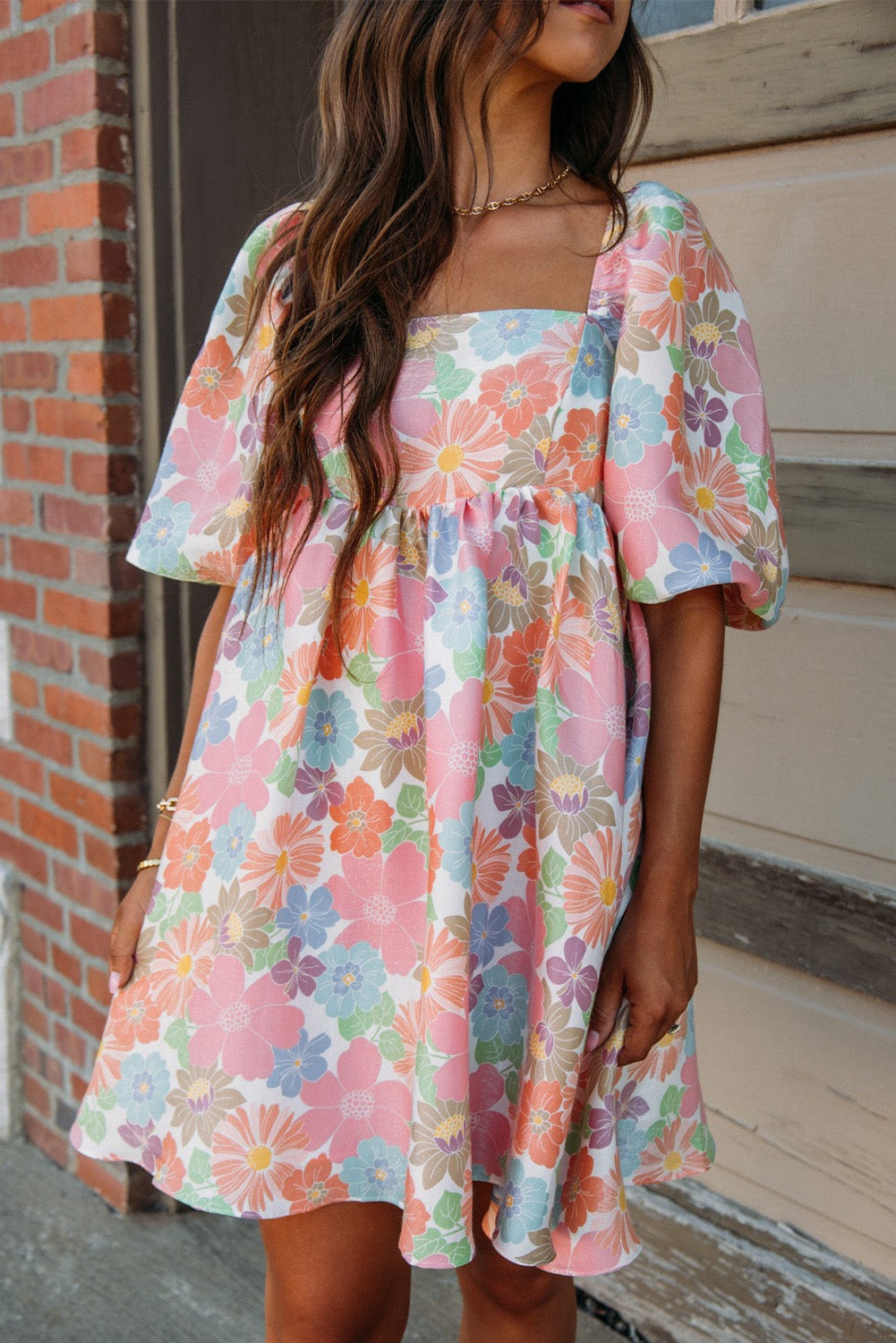 Pastel Floral Square Neck Puff Sleeve Dress