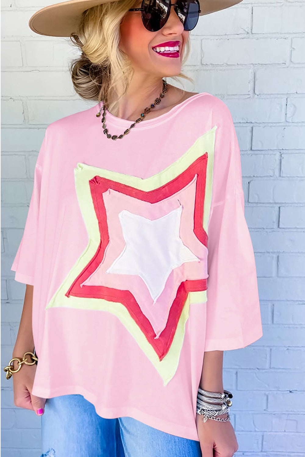 Pink Relaxed Fit Star Patch Tee