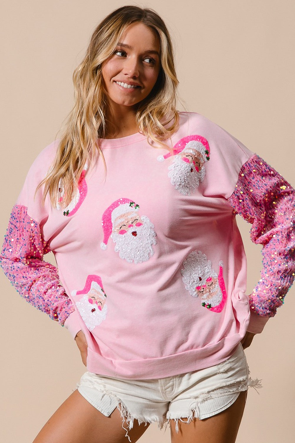 Pink Sequined Santa Christmas Sweatshirt