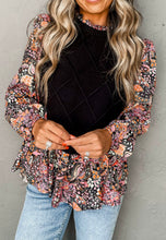 Load image into Gallery viewer, Black Contrast Floral Sleeve Peplum Sweater

