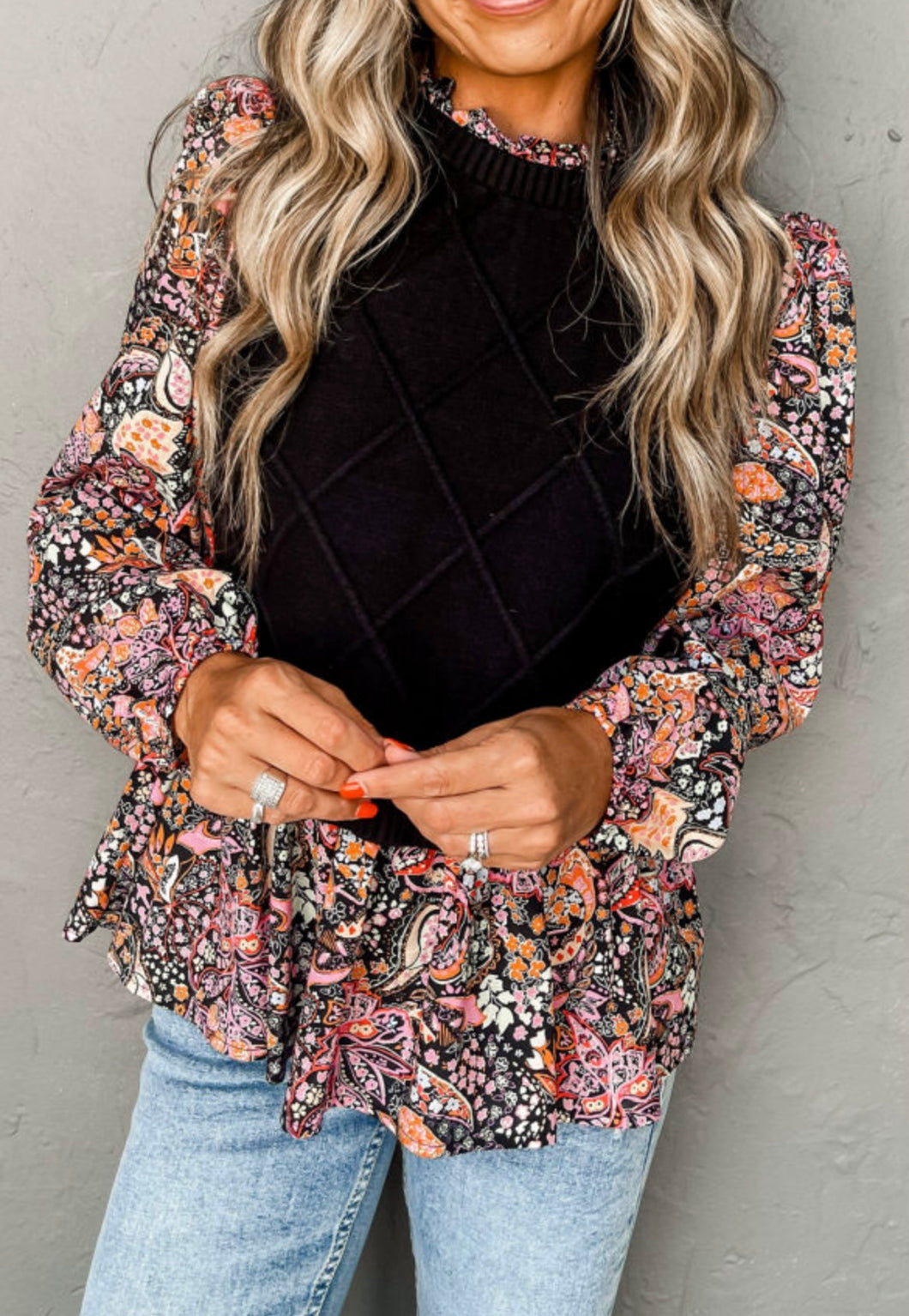 Black Contrast Floral Sleeve Peplum Sweater