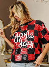 Load image into Gallery viewer, Game Day Clear Sequin Checkered Game Day Puff Sleeve Sweater
