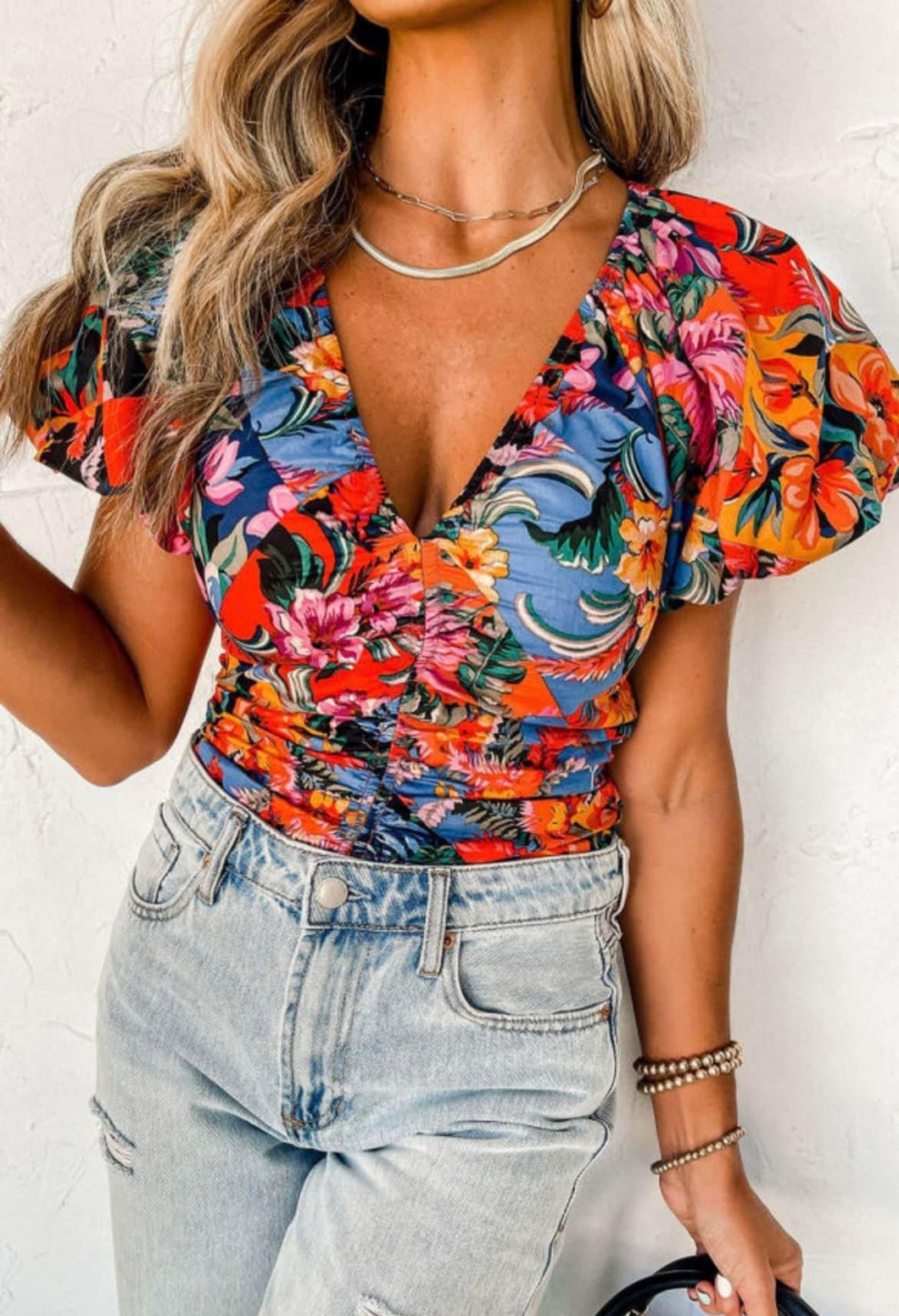 Floral Puff Sleeve Rouched Top
