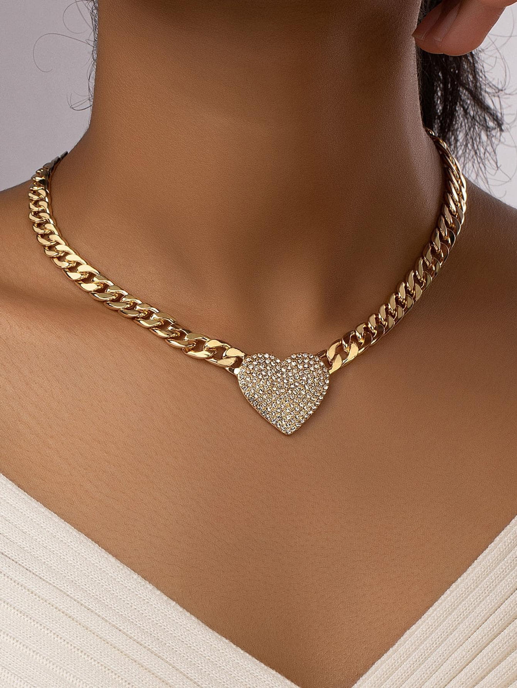 Chunky Gold Rhinestone Heart Pendant Necklace