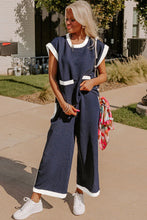 Load image into Gallery viewer, Navy Blue Color Block Pocketed T and Wide Leg Pant Set
