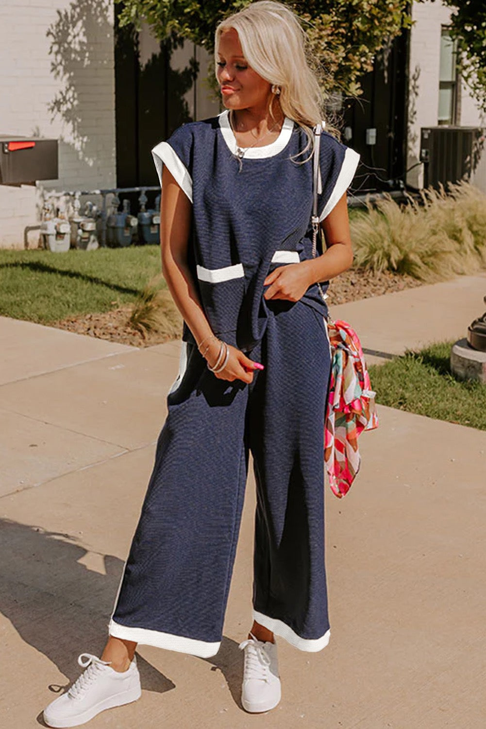 Navy Blue Color Block Pocketed T and Wide Leg Pant Set