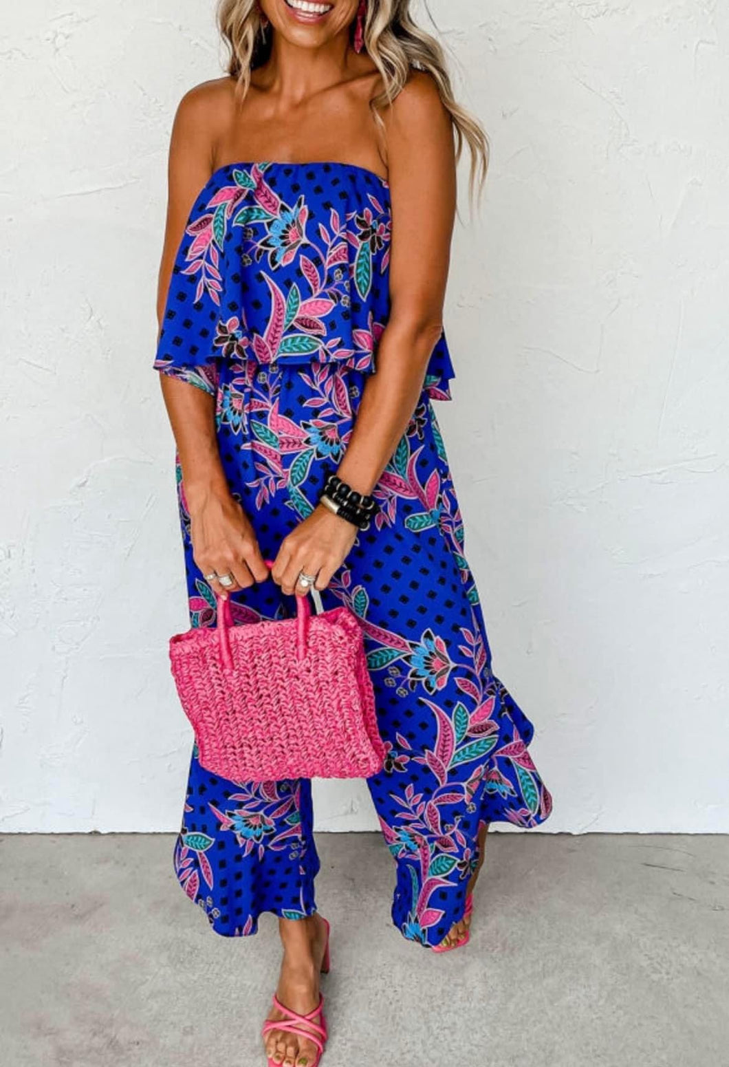 Tropical Print Strapless Ruffled Jumpsuit