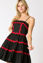 Load image into Gallery viewer, Red and Black Poplin Trim Tiered Dress
