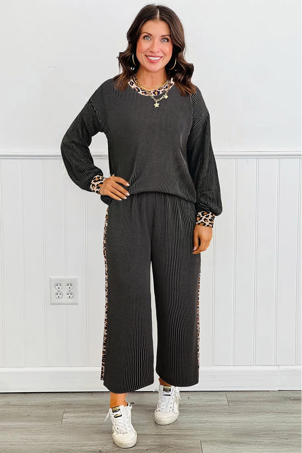 2 PC Charcoal Ribbed Pants Set Leopard Sleeve