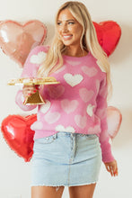 Load image into Gallery viewer, Pink Pearled Heart Print Crew Neck Sweater
