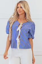 Load image into Gallery viewer, Blue Stripe Tied Front Puff Short Sleeve Blouse
