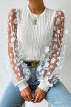 Load image into Gallery viewer, White Floral Mesh Sleeve Texturex Knit Blouse
