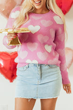 Load image into Gallery viewer, Pink Pearled Heart Print Crew Neck Sweater
