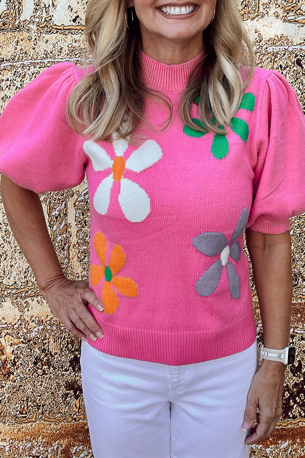 Pink Floral Bubble Sleeve Lightweight Sweater