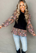 Load image into Gallery viewer, Black Contrast Floral Sleeve Peplum Sweater
