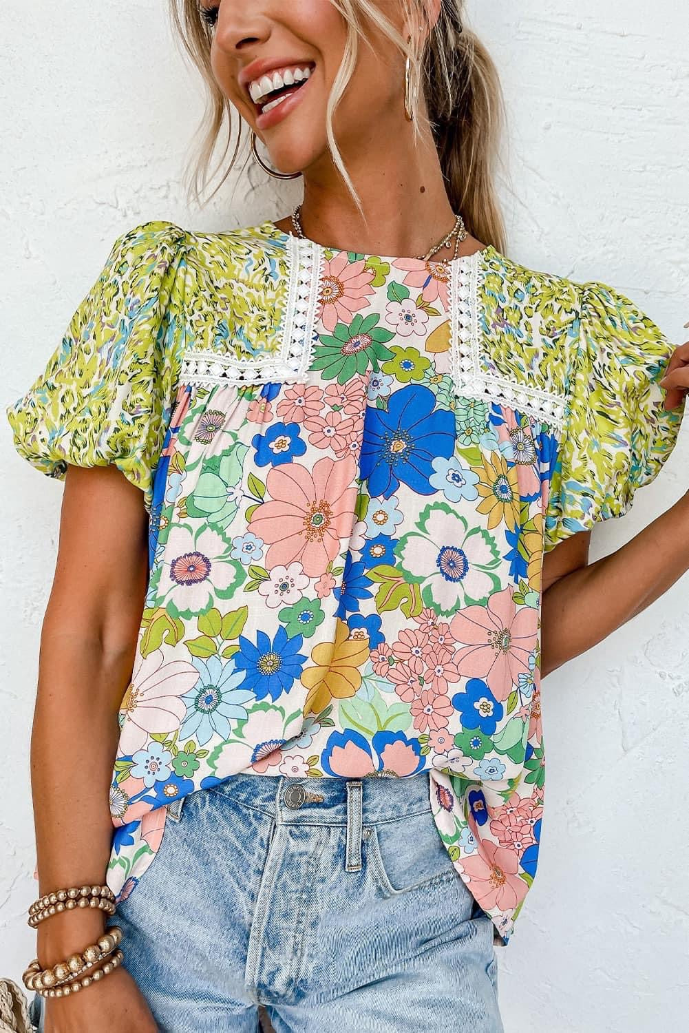 Floral Bubble Sleeve Patchwork Blouse