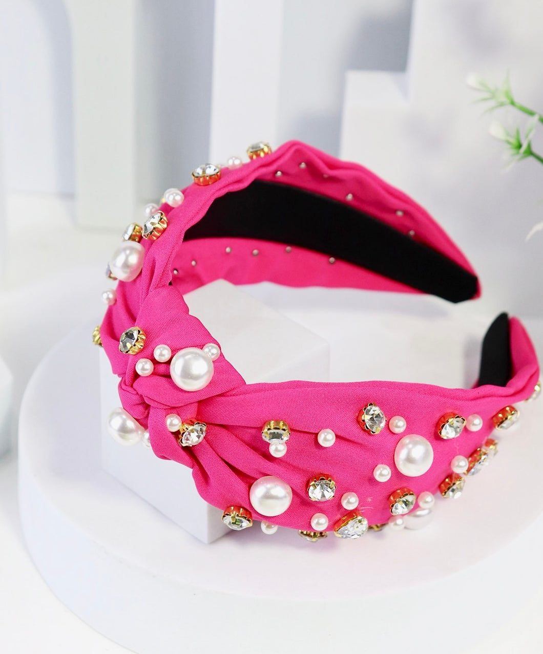 Hot Pink Pearl And Rhinestone Studded Headband