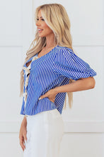 Load image into Gallery viewer, Blue Stripe Tied Front Puff Short Sleeve Blouse
