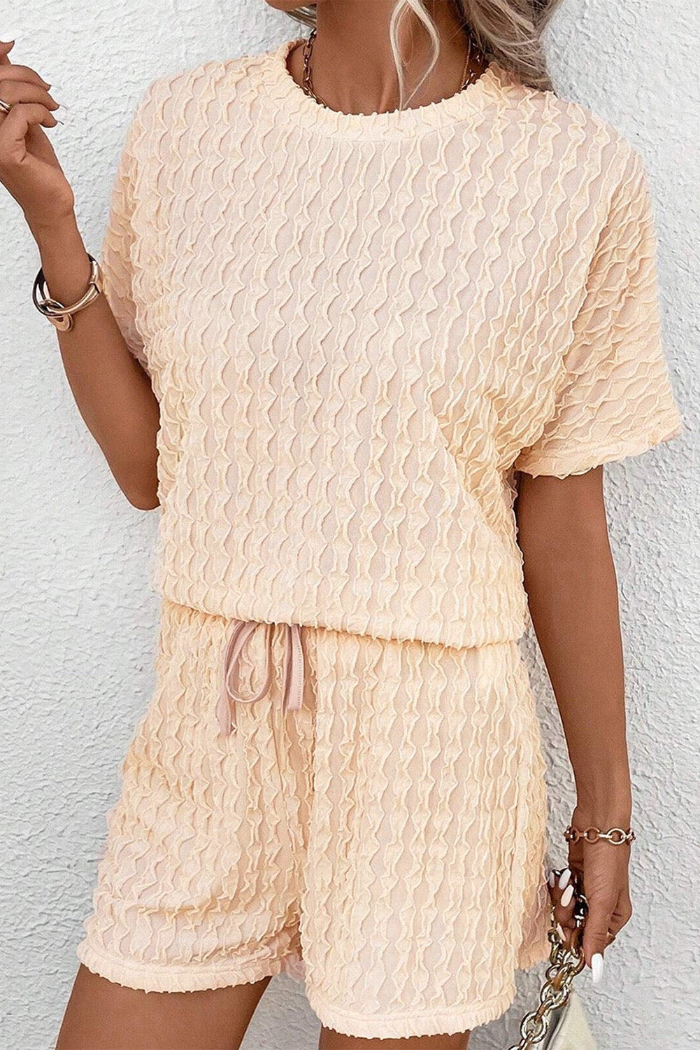 Beige  Frill Textured Top and Drawstring Shorts Set