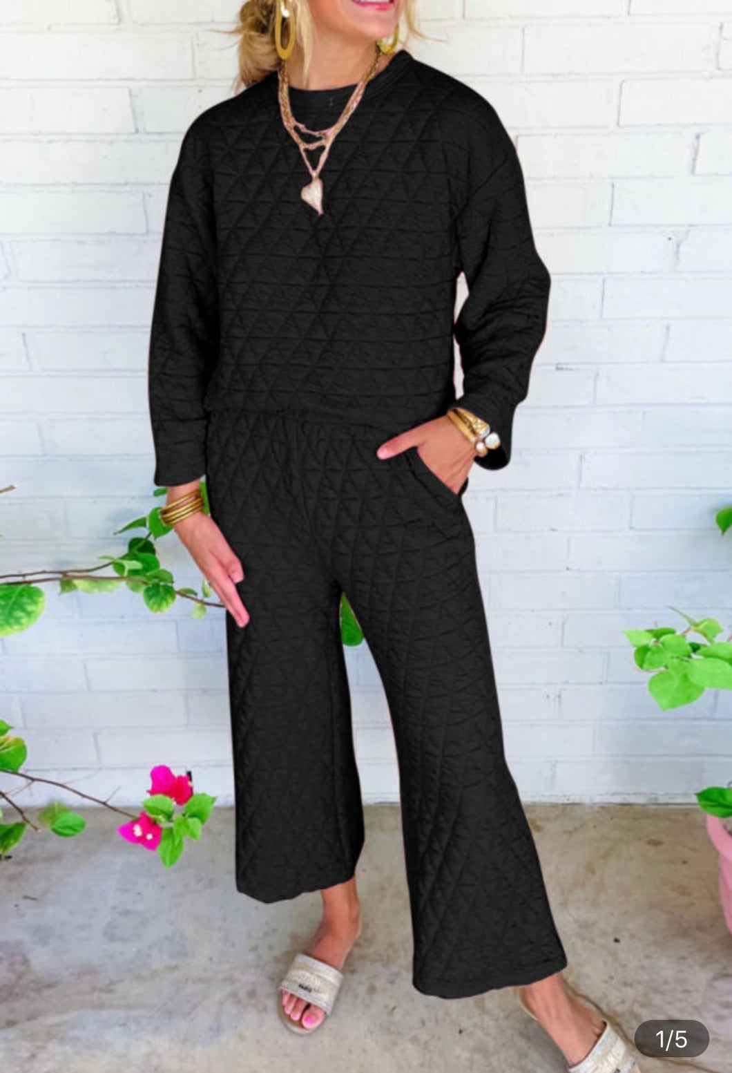 Black  Long Sleeve Quilted Lounge Set