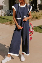 Load image into Gallery viewer, Navy Blue Color Block Pocketed T and Wide Leg Pant Set
