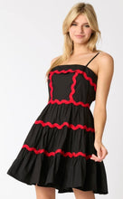 Load image into Gallery viewer, Red and Black Poplin Trim Tiered Dress
